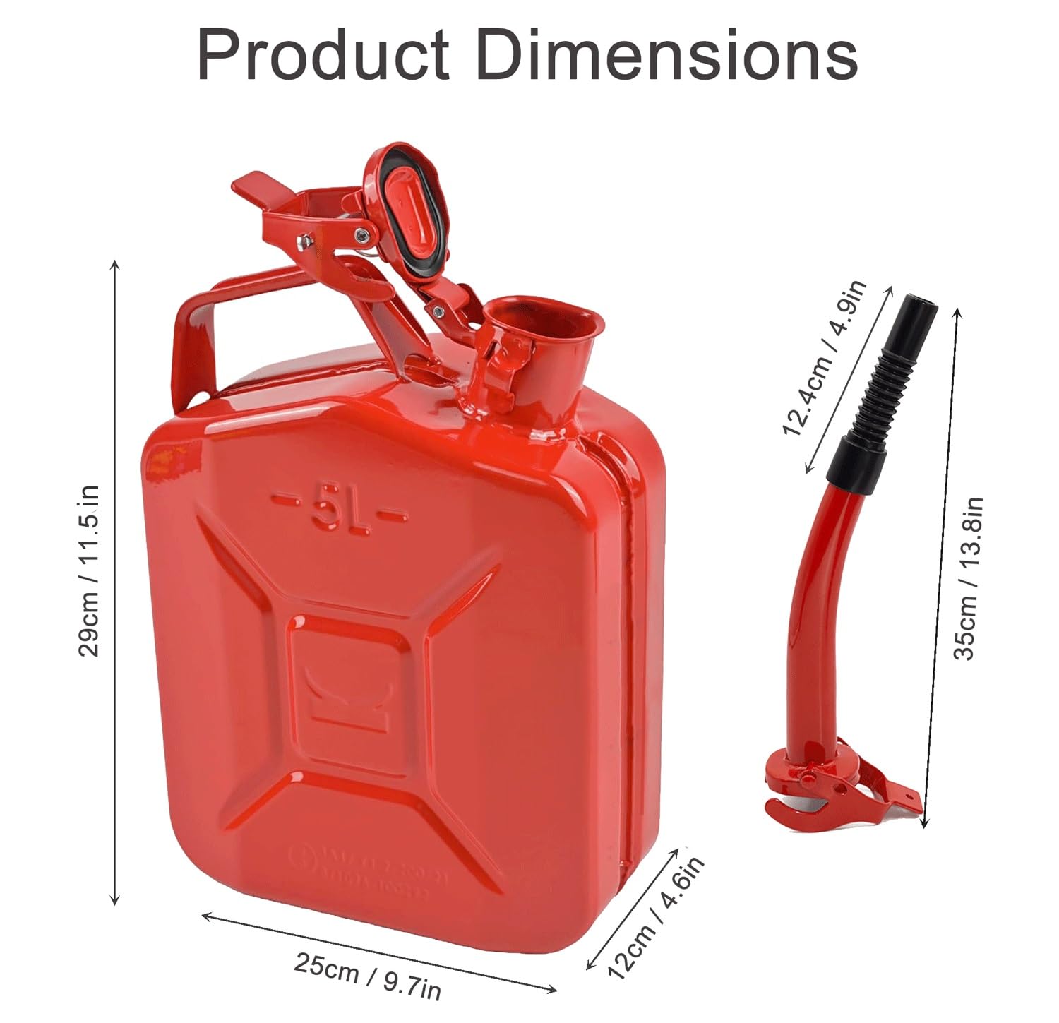 Bidón de combustible de 5/10/20 litros - Depósito de combustible metálico portátil con asa de 3 capas | Apto para coches, camiones y motocicletas, con boquilla extendida - Rojo(5L)