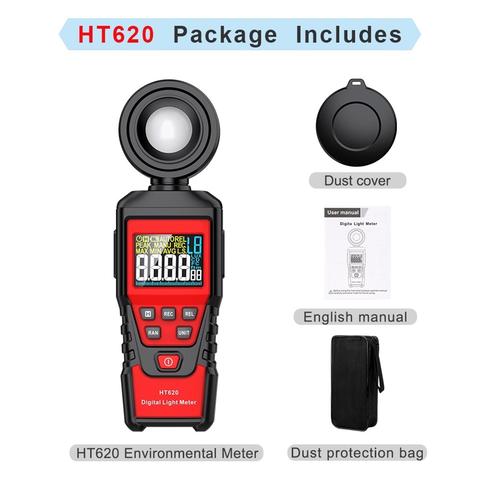 Medidor de luz Digital, HT620 Fotómetro Digital De 100000 Lux, Luxómetro Profesional, LED Prueba FC, Iluminómetro Alta Precisión para Plantas de Interior y jardín, fotografía(HT620)