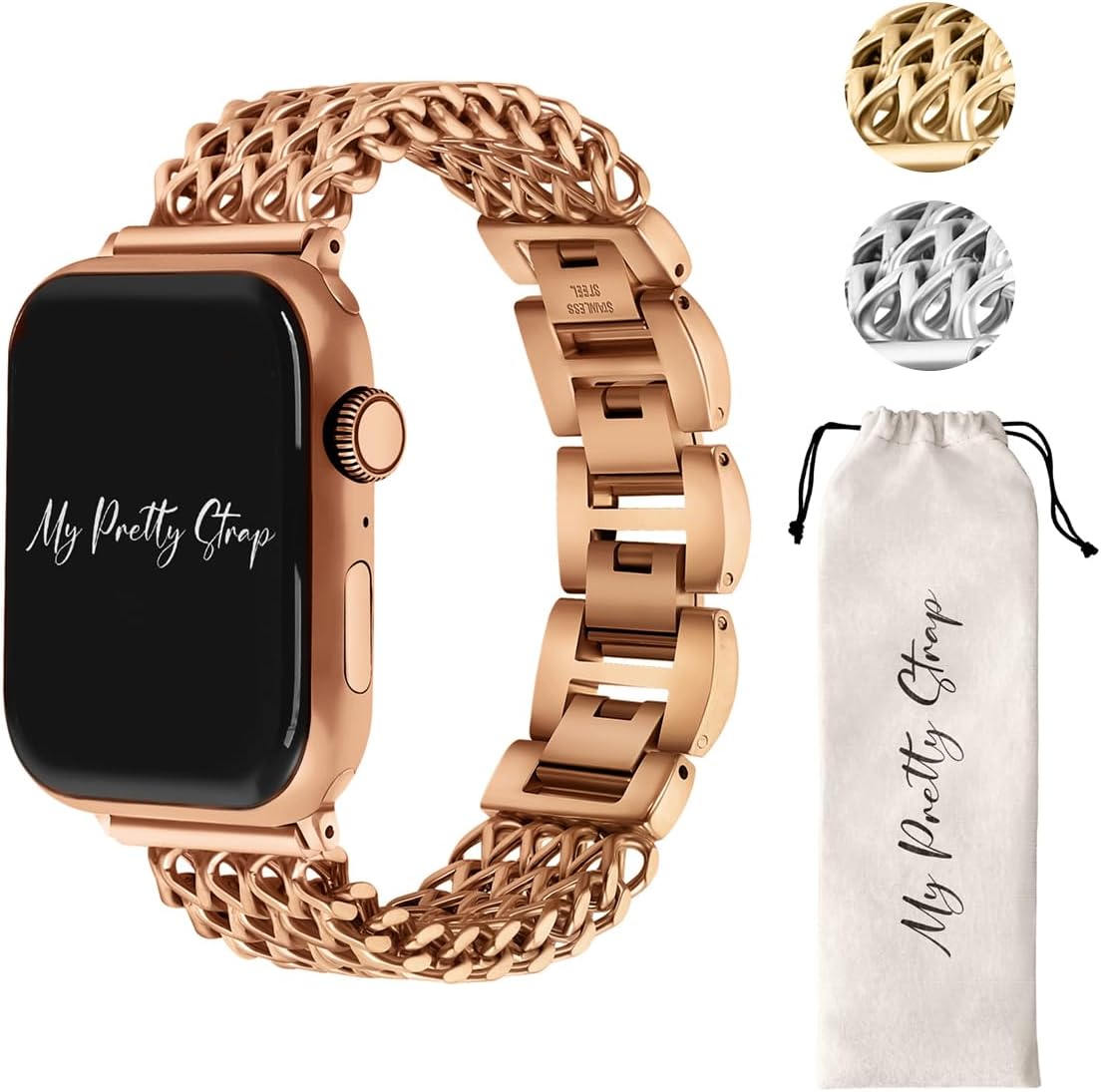 My Pretty Strap - Compatible Apple Watch Band Strap, Stainless Steel Fashion iWatch Replacement Strap- Easy Resizing, No Tool Needed, Fits Most Wrists- Series 1-11, SE and Ultra Mermaid Rose Gold 38MM / 40MM/ 41MM / (Series 10& 11 - 42 MM)