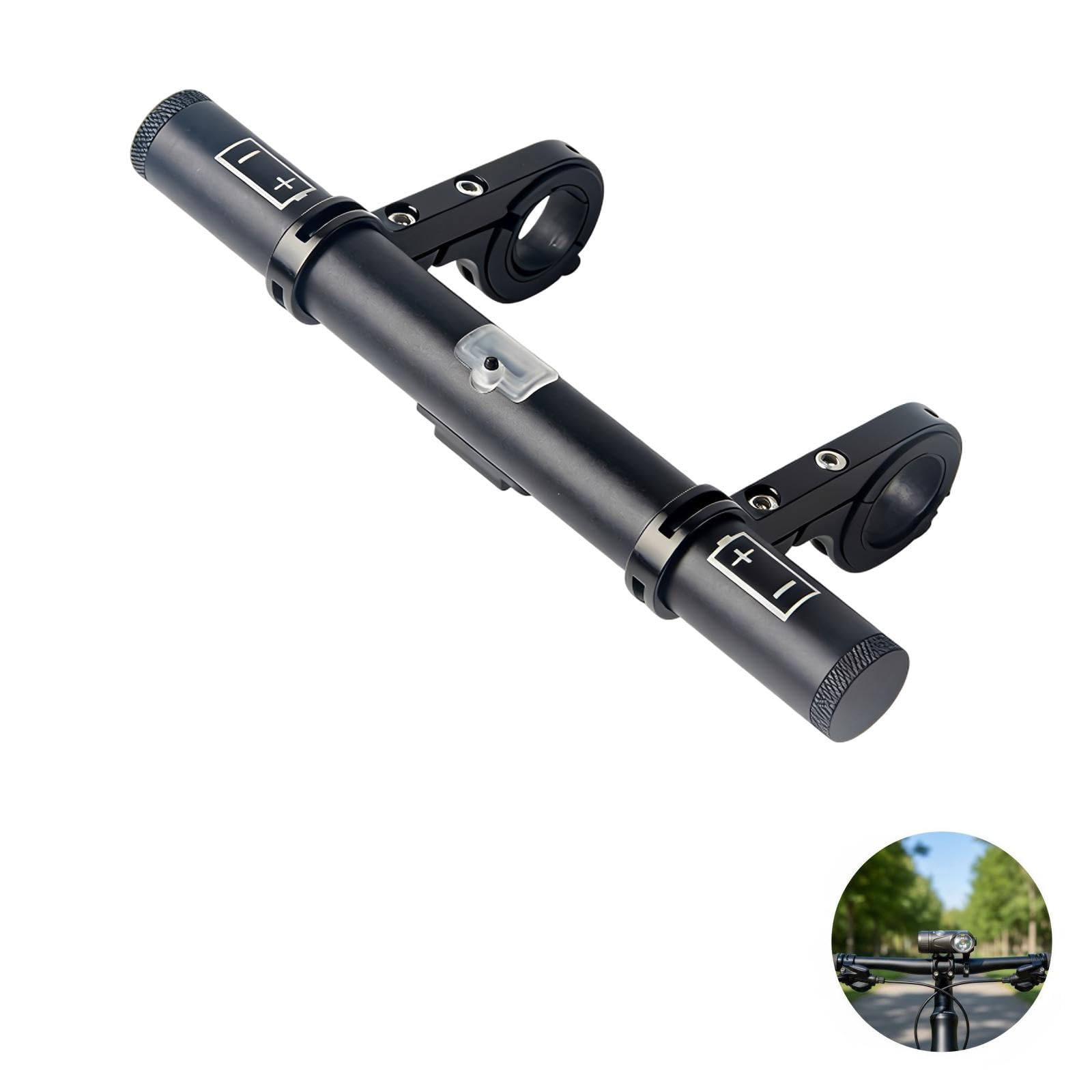 Przedłużenie kierownicy rowerowej, czarny stop aluminium, rura przedłużająca 8", podwójny zacisk do kierownicy 25,4-31,8 mm, uchwyt USB 4000 mAh, uchwyt lampy na latarkę i akcesoria