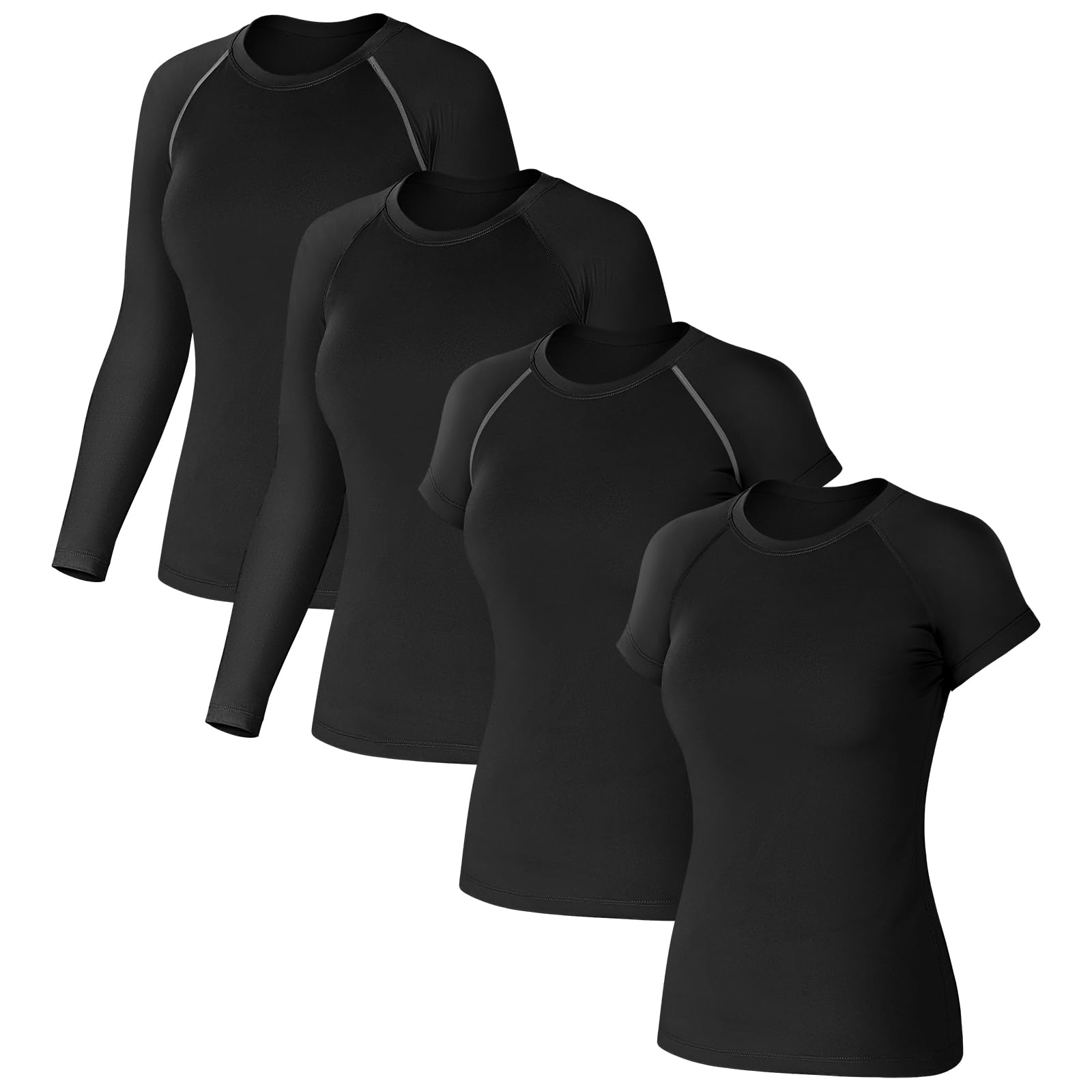 Coume Kompressions-Shirts für Damen, schnelltrocknend, lang/kurzärmelig, Workout-T-Shirt, athletisches Oberteil, Baselayer, Sport, Yoga, Fitnessstudio, 4 Stück