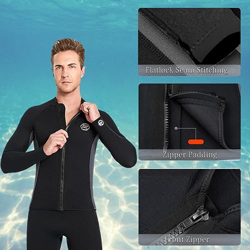 Miniatura 4 de Traje de neopreno superior de 0.079 pulgadas, chaqueta de neopreno para hombres y mujeres, cremallera frontal, manga larga, traje de buceo para