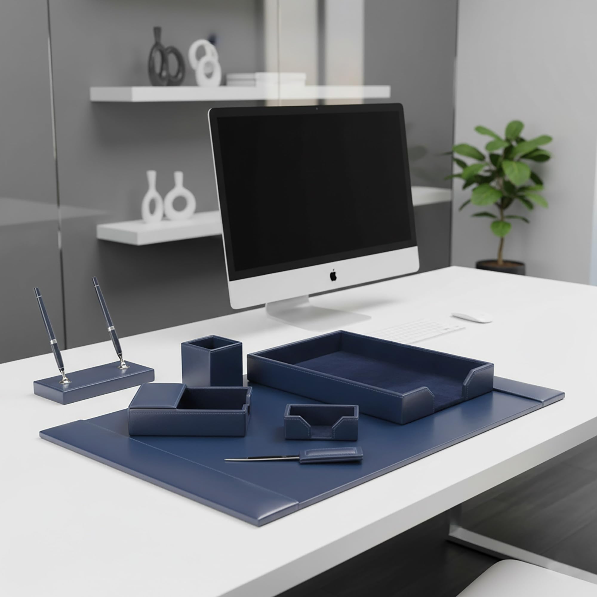 Dacasso Bonded Set di lussuosi sottomano da scrivania e scrivania essenziali per l'organizzazione della scrivania, 7 pezzi, blu navy