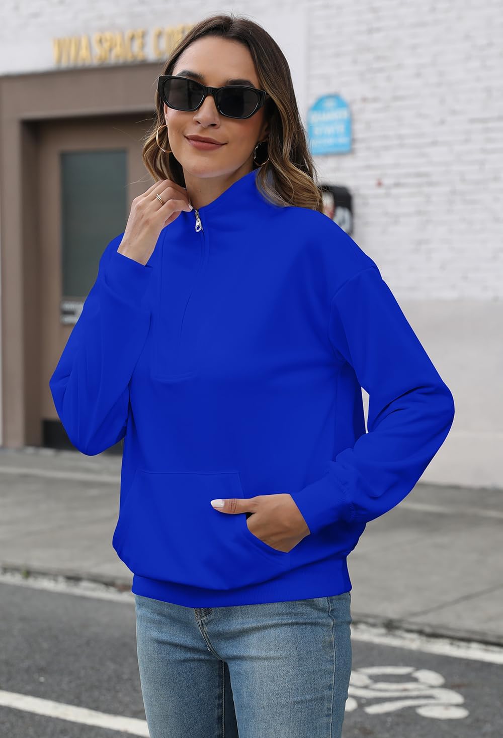 Womens Sweatshirt Oversized Quarter Zip Pullover Half Zip Long Sleeve Top - image 2