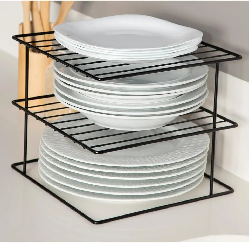 Suporte Porta 24 Pratos Organizador de Armário de Cozinha Aramado 3 Andares Preto Pliar