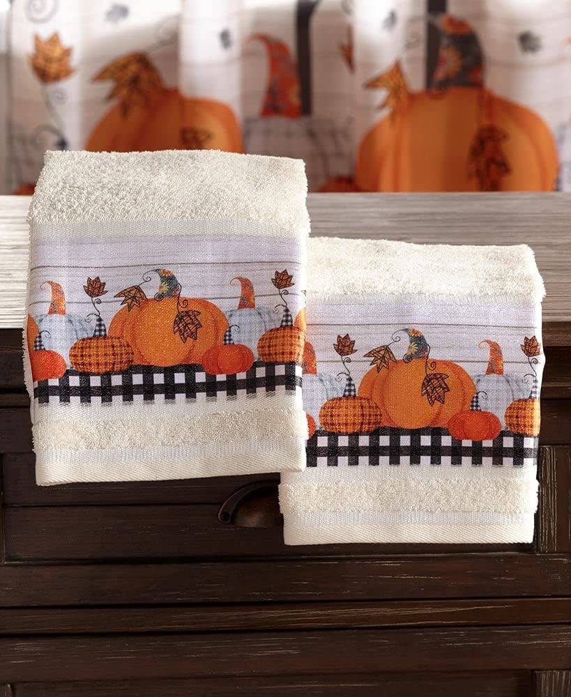 Amazon.com: Set of 2 Plaid Pumpkin Bathroom Hand Towels with Autumn ...
