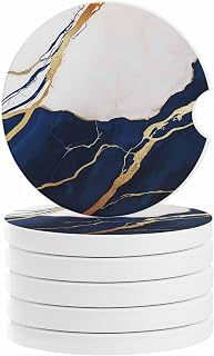 Navy Blue Marble Car Coasters for Cup Holders Set of 6 Absorbent, 2.56" Ceramic Stone Drinks Cupholder Coasters with Finger Notch Modern Ink Painting Art Abstract Auto Interior Accessories for Women