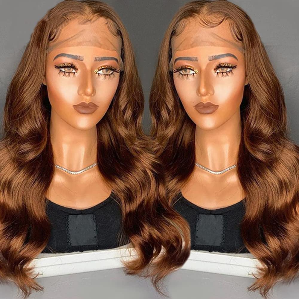 Brown Body Wave Lace Front Human Hair Wig for Black Women - Pre Plucked Brazilian Remy Hair, 150 Density, 14 Inch