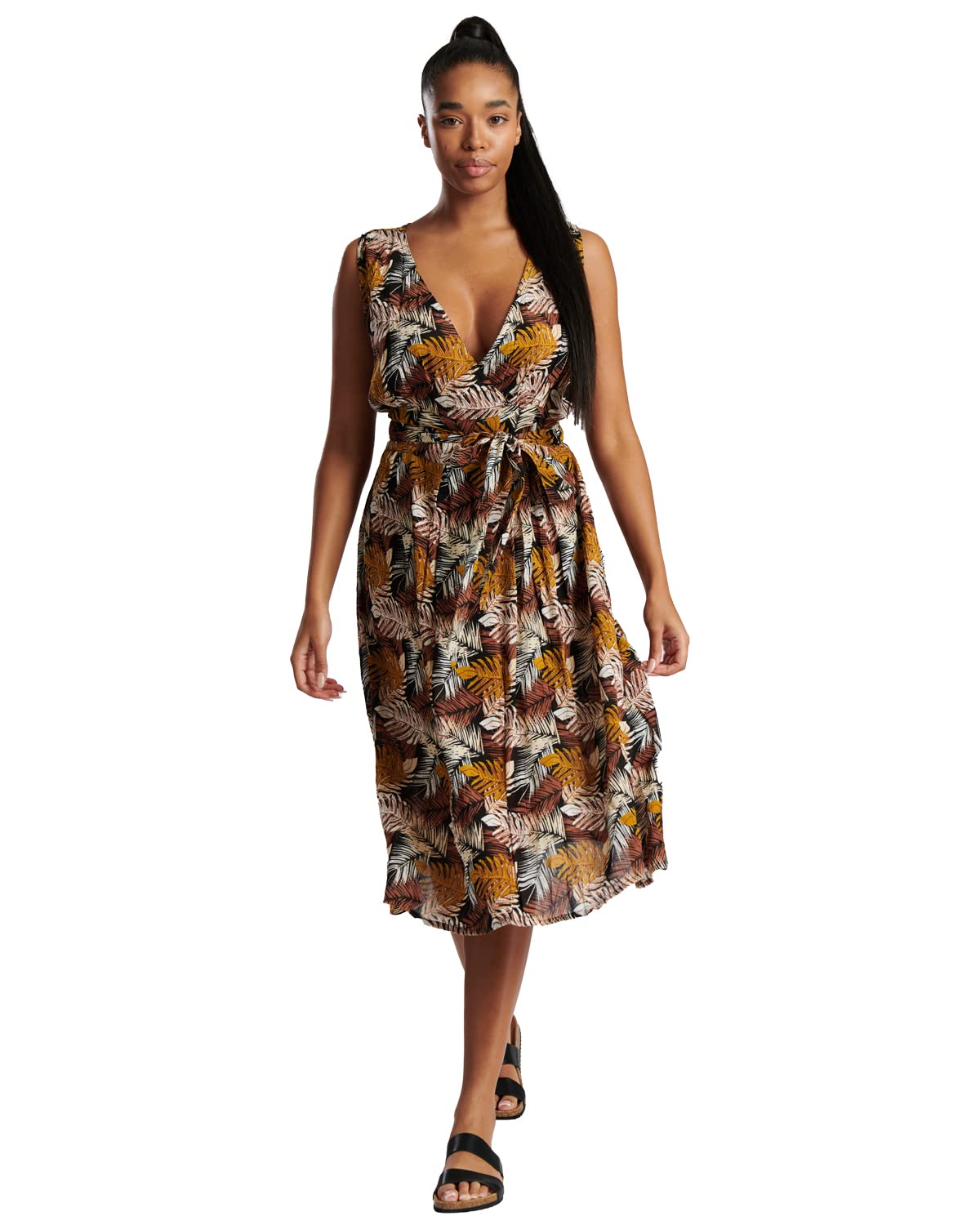 Undercover Women's Brown Palm Print Wide Cross Over Dress 872040 M