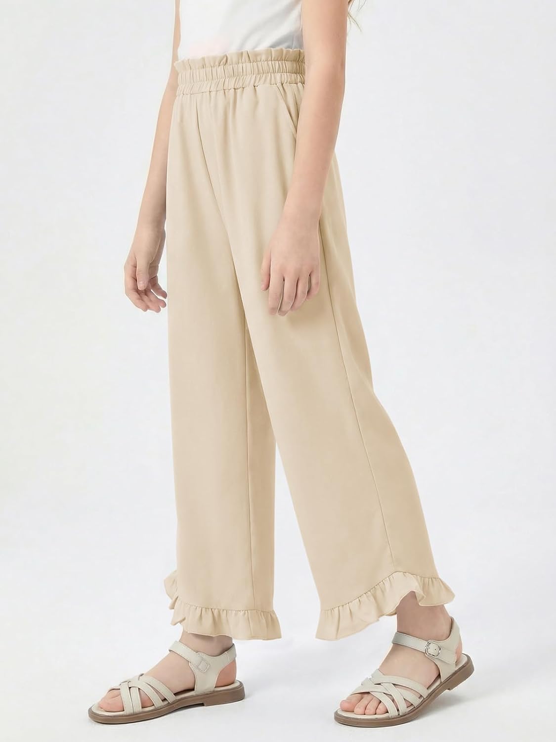 Haloumoning Girls Wide Leg Pants Kids Casual Paperbag High Waisted Ruffle Hem Pants Trousers with Pockets 5-14 Years - Image 4