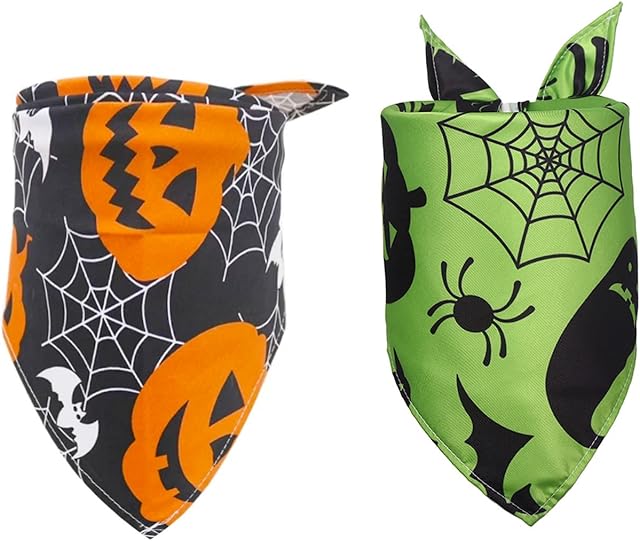 2 Pack Halloween Bandana for Dogs,Triangle Bibs Pet Scarf for Small Medium Large Dogs Cats Halloween Decorations, with Pumpkin Ghost Bat Pattern Holiday Accessories (Halloween Style 2)