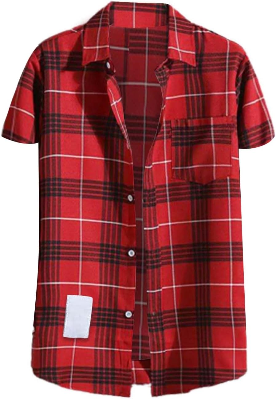 Mens Short Sleeve Button Down Shirts Cotton Plaid Regular Fit Men's Casual Button-Down Shirts with Pocket