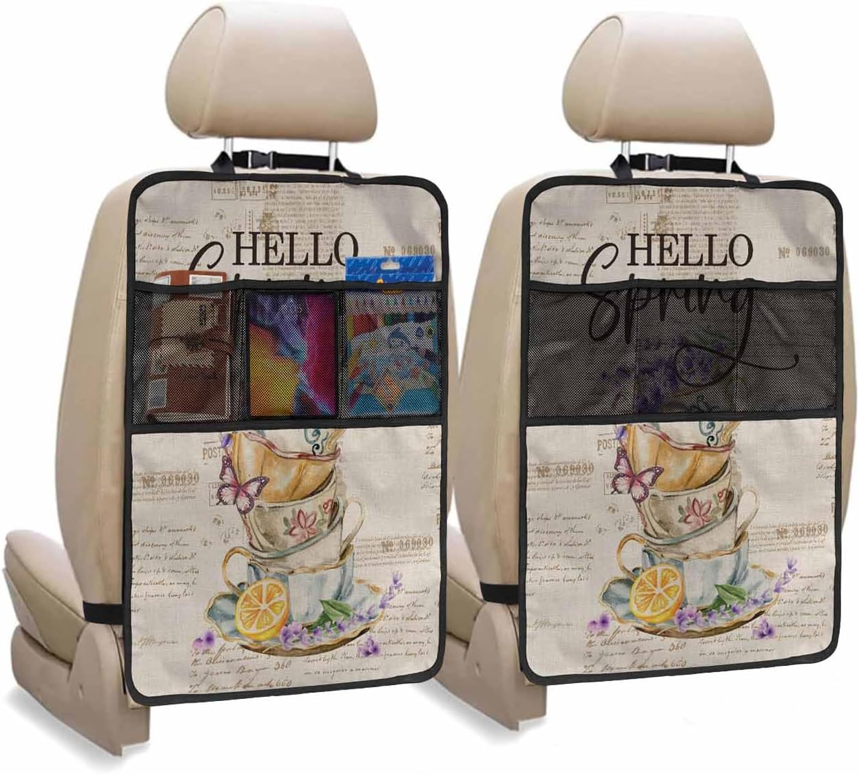 T&H XHome Car Seat Protector, 2 Pack Kick Mats with Organizer - 3 Pocket Storage, Retro Lavender Coffee Cup Butterfly Pattern Back Seat Cover for Kids Universal Fit Automotive Interior Protectors