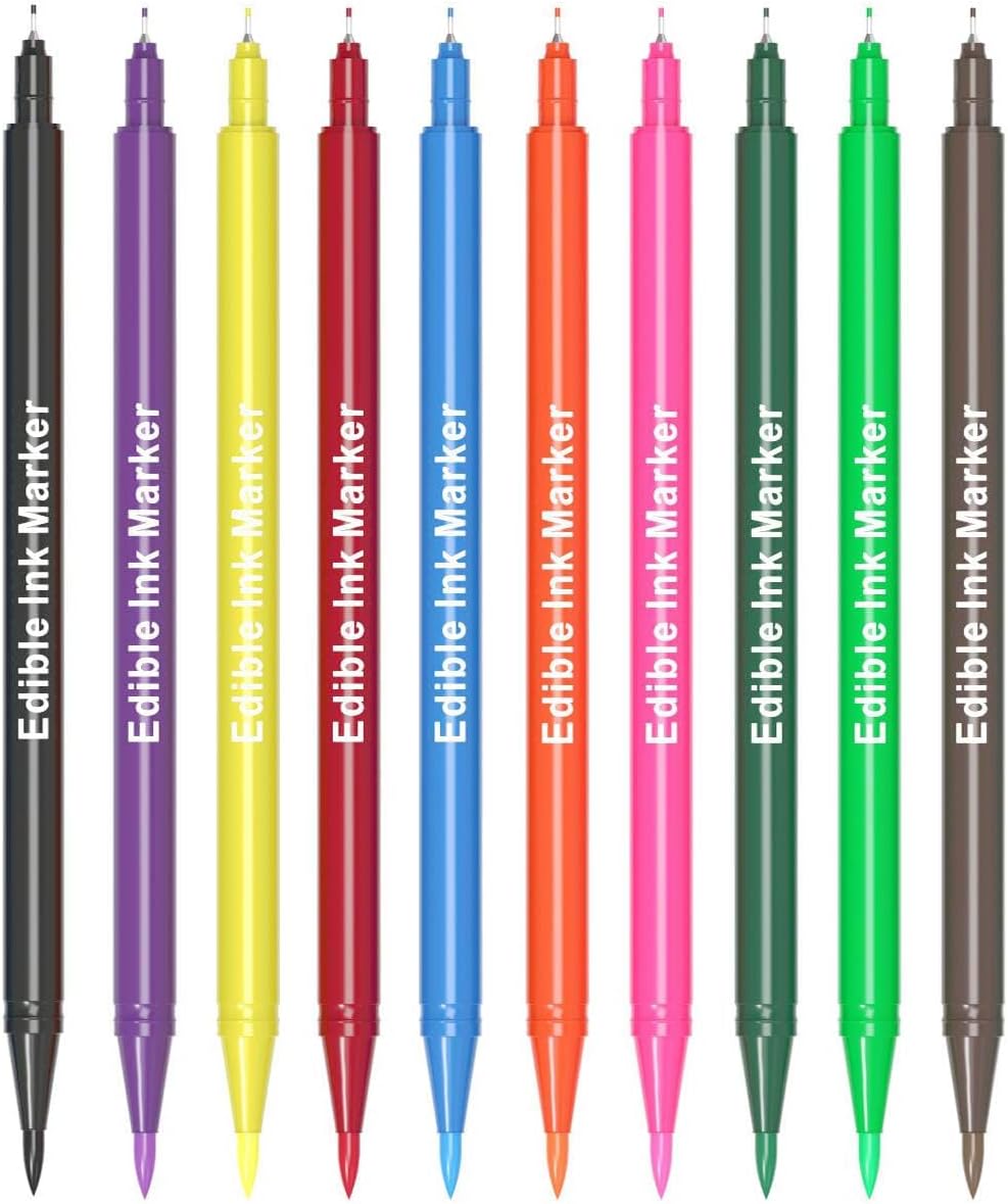 Edible Markers 10 Pcs Ultra Fine Tip(0.7mm) Food Coloring Pens, Double Sided Food Grade Gourmet Writers for Cake,Cookie,Fondant Decorating,Painting,Drawing,Baking（10PCS)