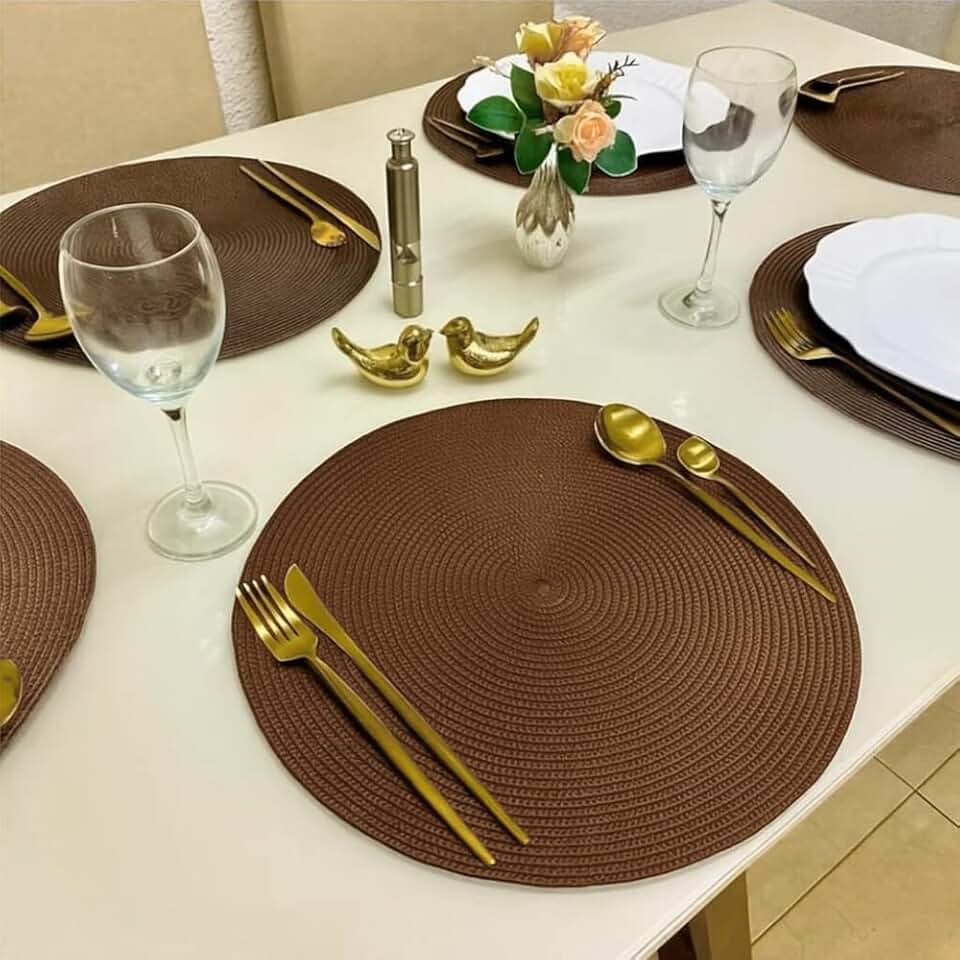 Kit 6 Peças Jogo Americano Redondo - Sousplat Redondo para Mesa Posta - Jogo Americano Elegante para Jantar, Almoço e Café - (marrom escuro)