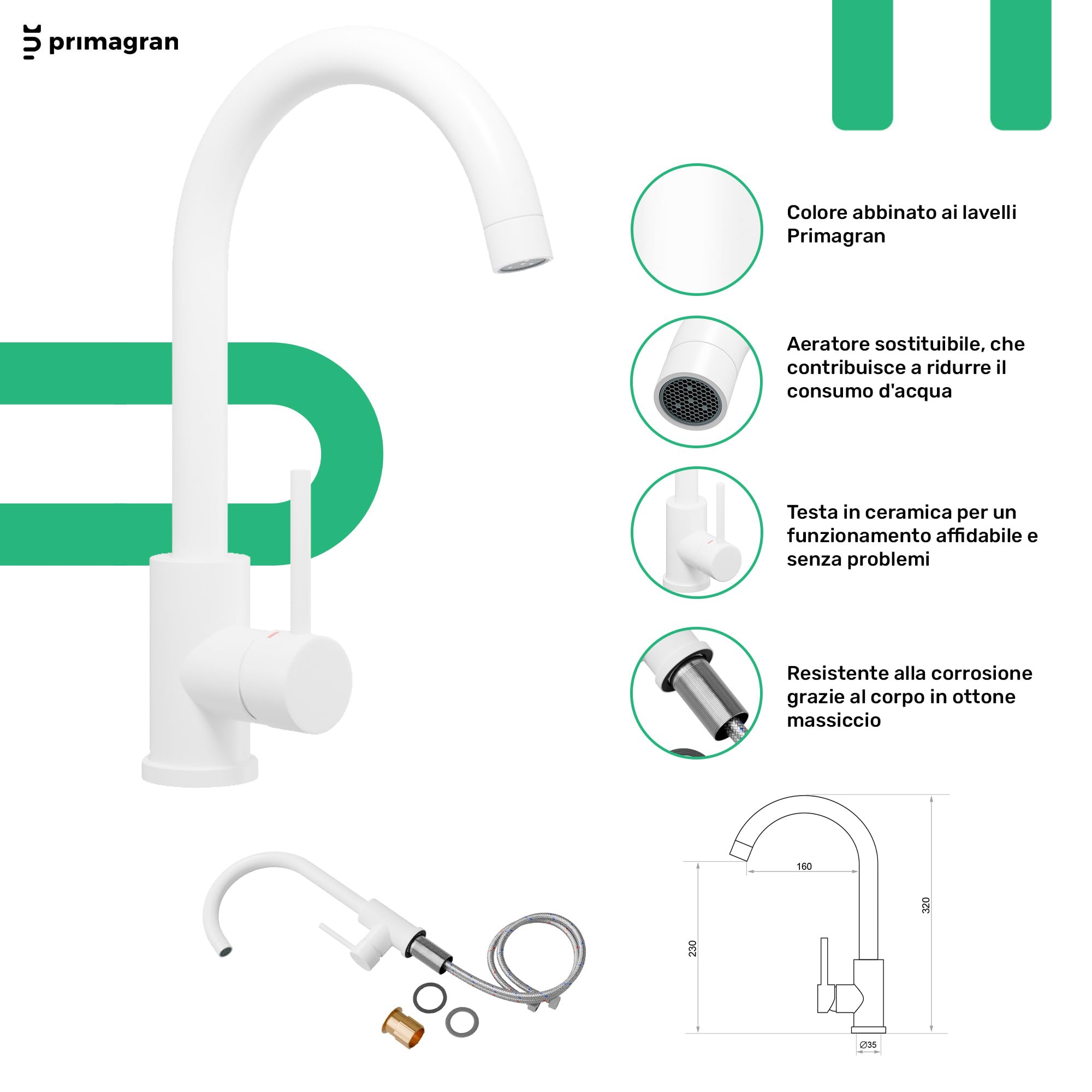 PRIMAGRAN Lavandino da Cucina Bianco 70x44cm, Lavello in Granito a 1 vasca + Rubinetto 32x20cm + Set di accessori, Lavabo da Cucina Incasso al Mobile 45cm - Copenhagen Easy S047