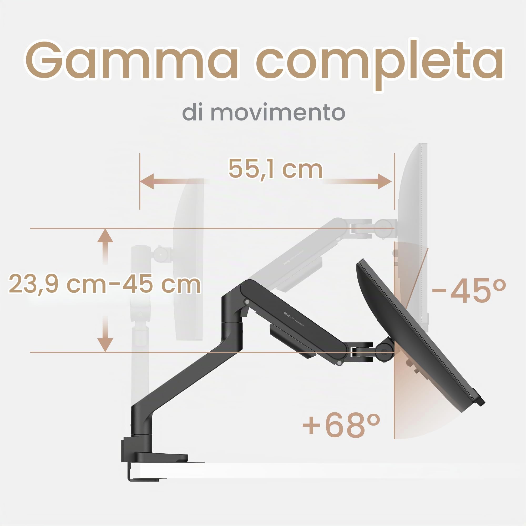 BenQ Ergo Arm BSL01 – Braccio per monitor, regolazione fluida, supporto da scrivania stabile, compatibile VESA (75×75, 100×100), supporta fino a 40" e 11 kg. Spessore scrivania 10~50 mm