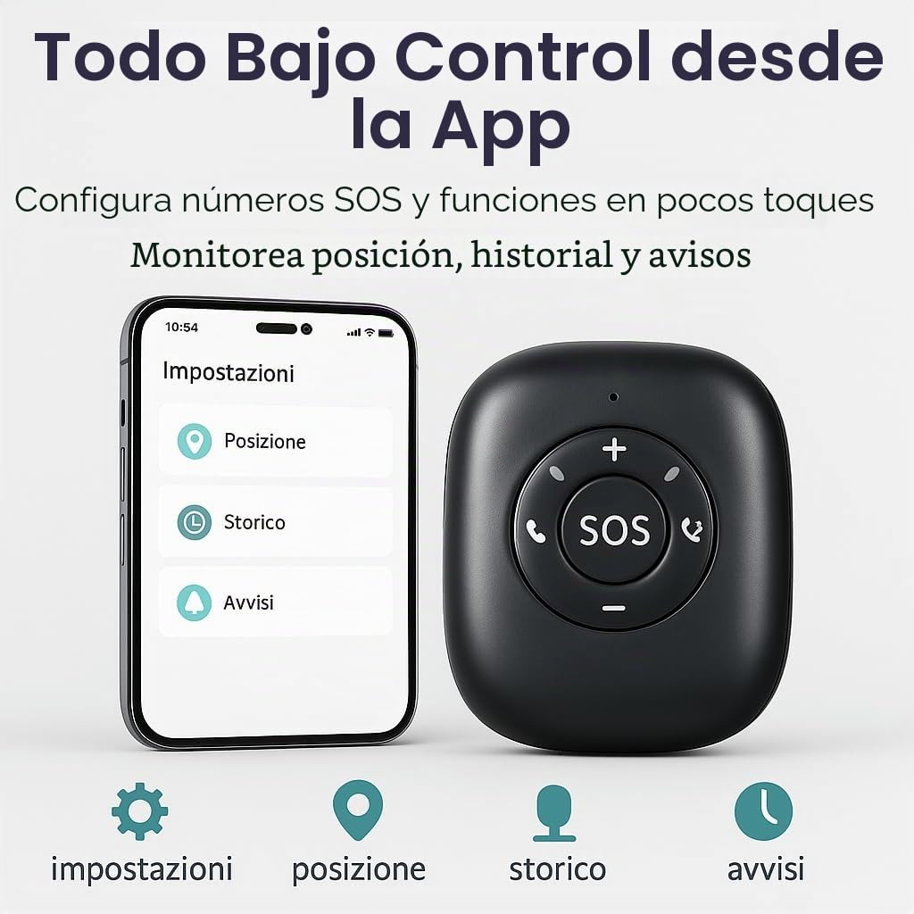 Dispositivo de seguridad portátil con GPS en tiempo real, llamada SOS, geofencia y detección de caídas, administrable por aplicación, ideal para personas mayores, niños y personas frágiles