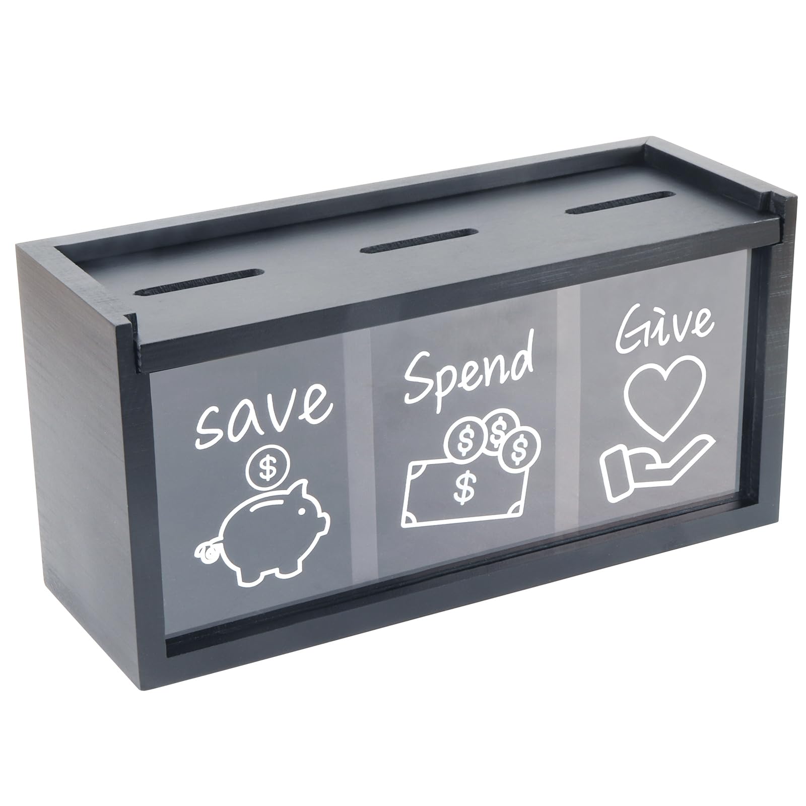 Spend Save Give Piggy Bank for Kids, Money Coin Savings Piggy Bank Jar Box for Kids Child Safe Money Saver, Teach Children About Giving & Saving Money Piggy Box for Childrens Boys Girls, Black