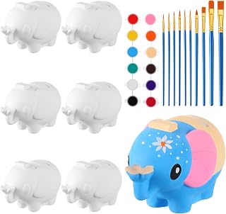 Chunful 6 Sets DIY Ceramic Piggy Bank for Kids Painting Kit with 6 Coin Bank 12 Paint Colors 10 Brushes Creative DIY Craft Kit Christmas Birthday Gifts for Boys Girls(Elephant)