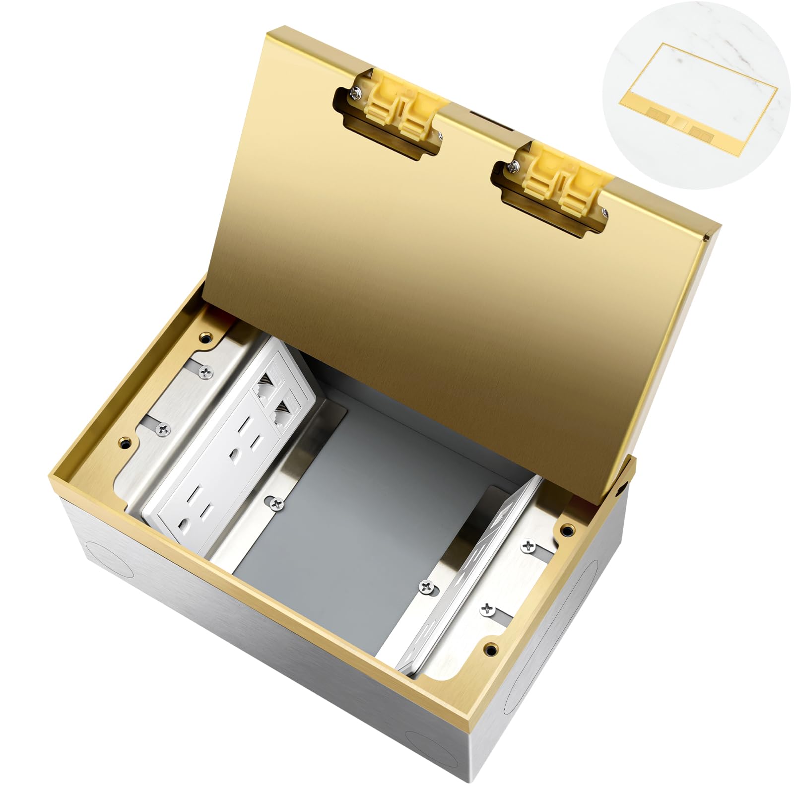Vagueior Recessed Flat Hidden Floor Electrical Outlet Kit,with 4 * 15A Receptacle+1 * 5V 2.1A USB Charging Ports+2-Port RJ45 Datacom Receptacle?Waterproof Electrical Outlet Covcer Box,Gold