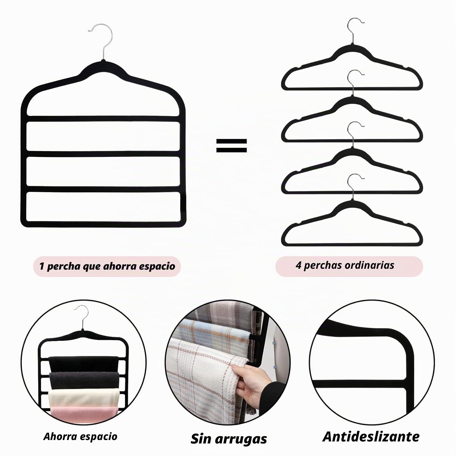 Juego de 3 perchas de terciopelo para pantalones de 4 capas, ahorra espacio, antideslizantes, para vaqueros, pantalones, leggings, corbatas, bufandas y toallas, varias capas