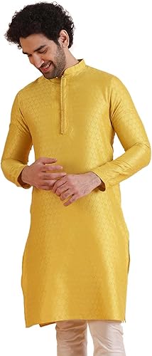 KISAH Kurta recta bordada para hombre, manga completa, longitud a la rodilla, re