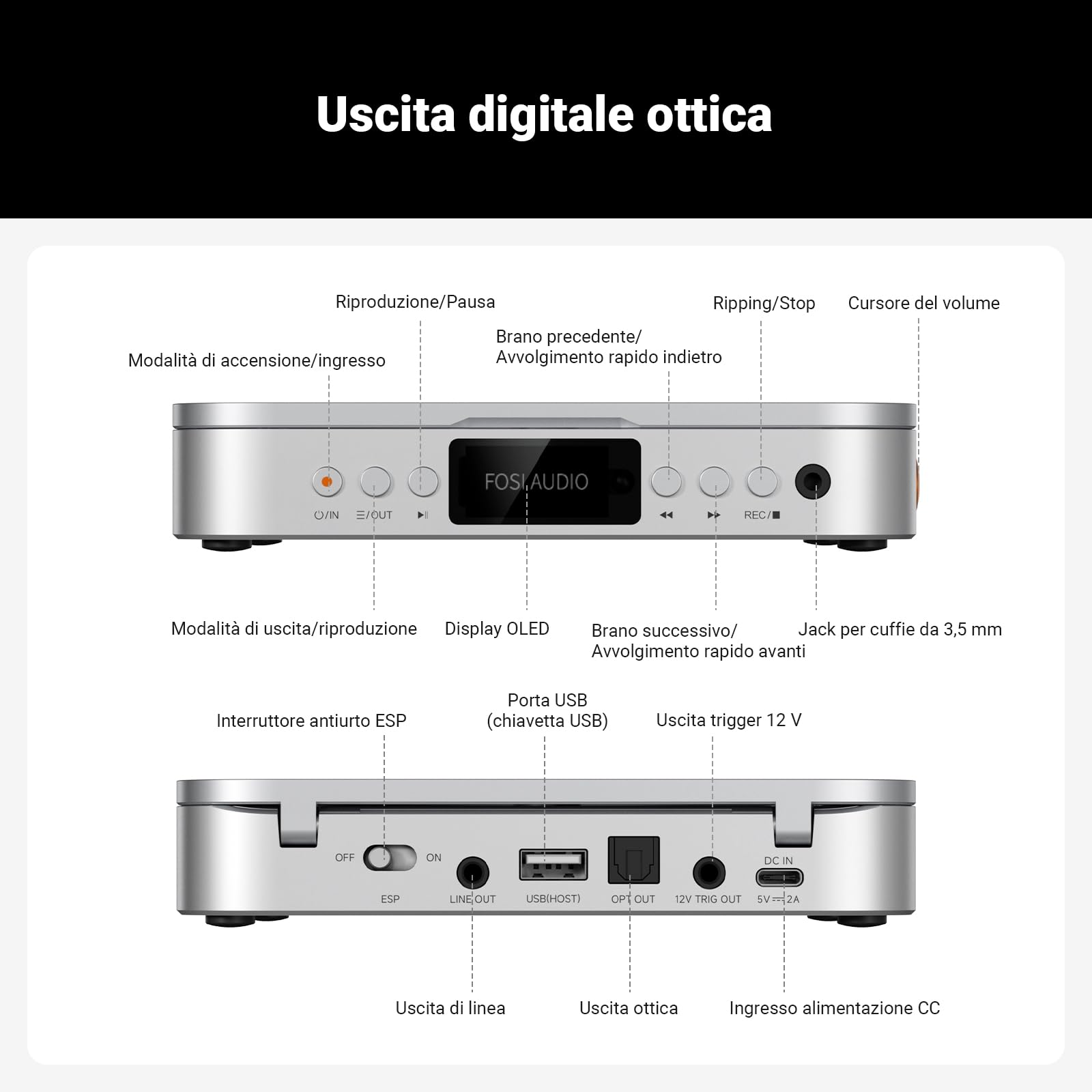 Fosi Audio Merak Lettore CD Hi-Fi da Tavolo, CD Player per Musica con DAC CS43131 e Doppio Amp TPA6120, CD Ripping su USB, Supporta CD-R/CD-RW/CDDA, Uscita Ottica/Line Out per Casa