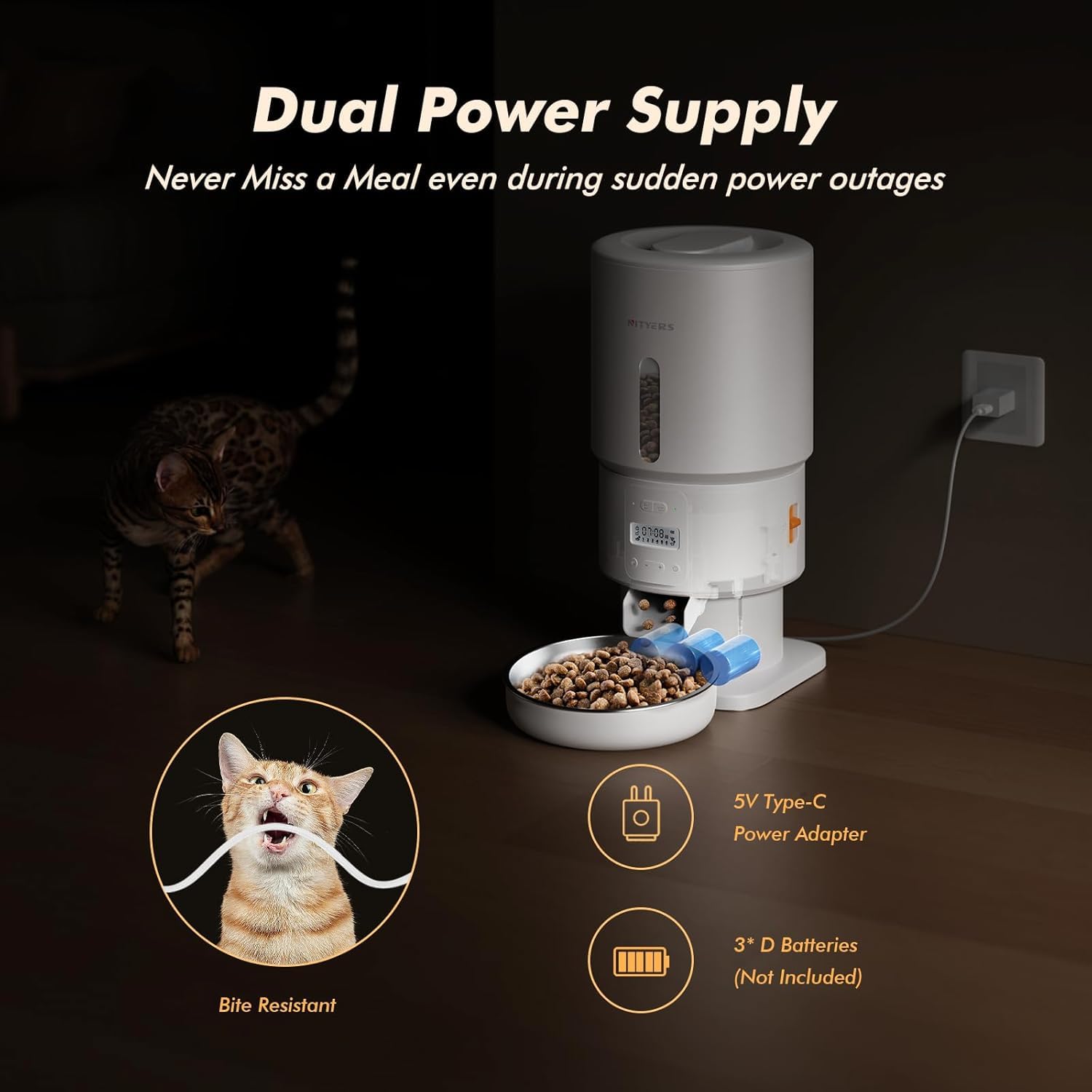 Comedero automático para gatos, dispensador de alimentos antiobstrucciones de 5 litros con conservación de frescura, 1-6 comidas/día, porciones programables, voz de 10 segundos, duración de la batería