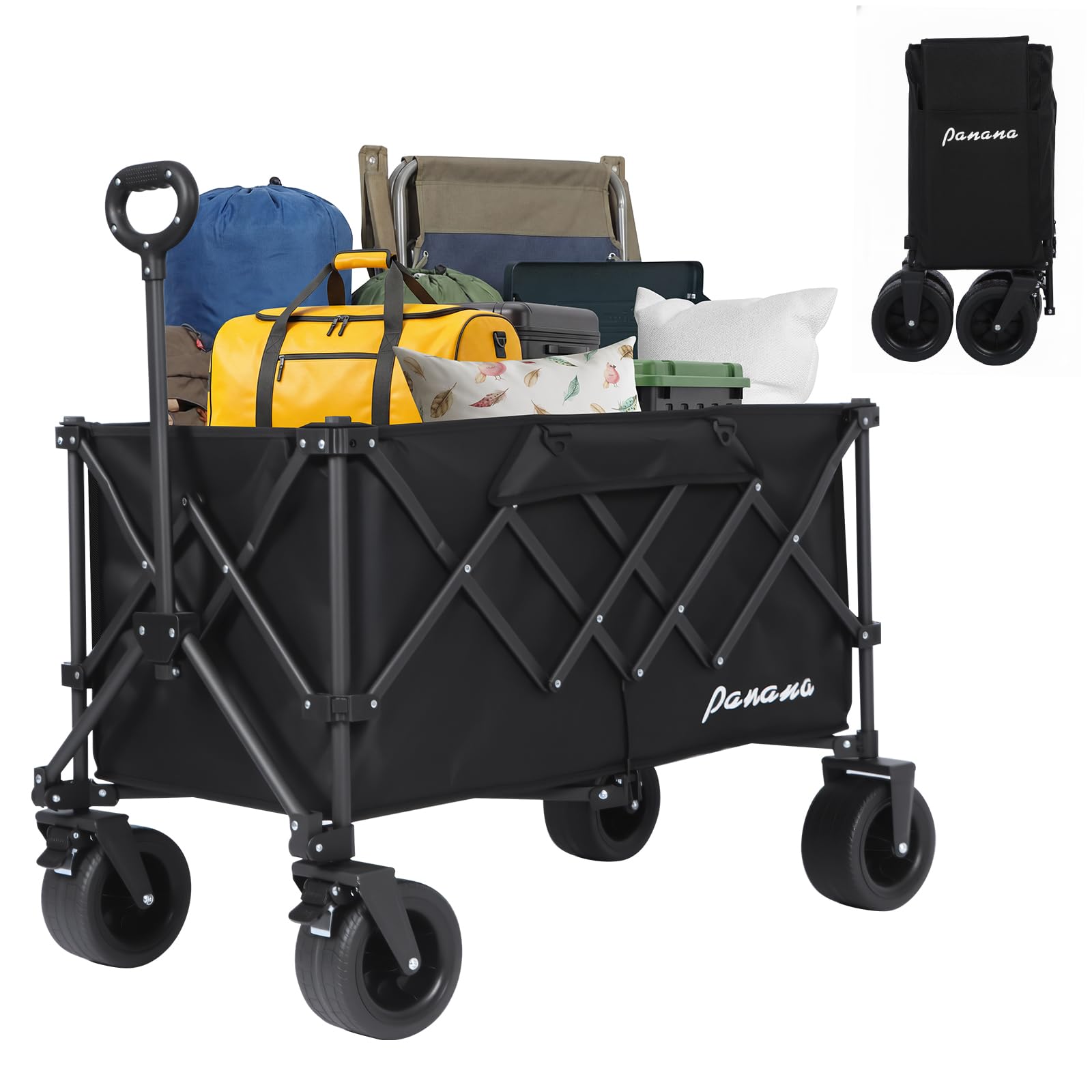 Panana Black Folding Trolley With Wide Wheels, Foldable Wagon, Portable Camping Cart, Collapsible Trolly With Adjustable Handle, Shopping Trolley Foldaway For Easy Storage (, 230L)