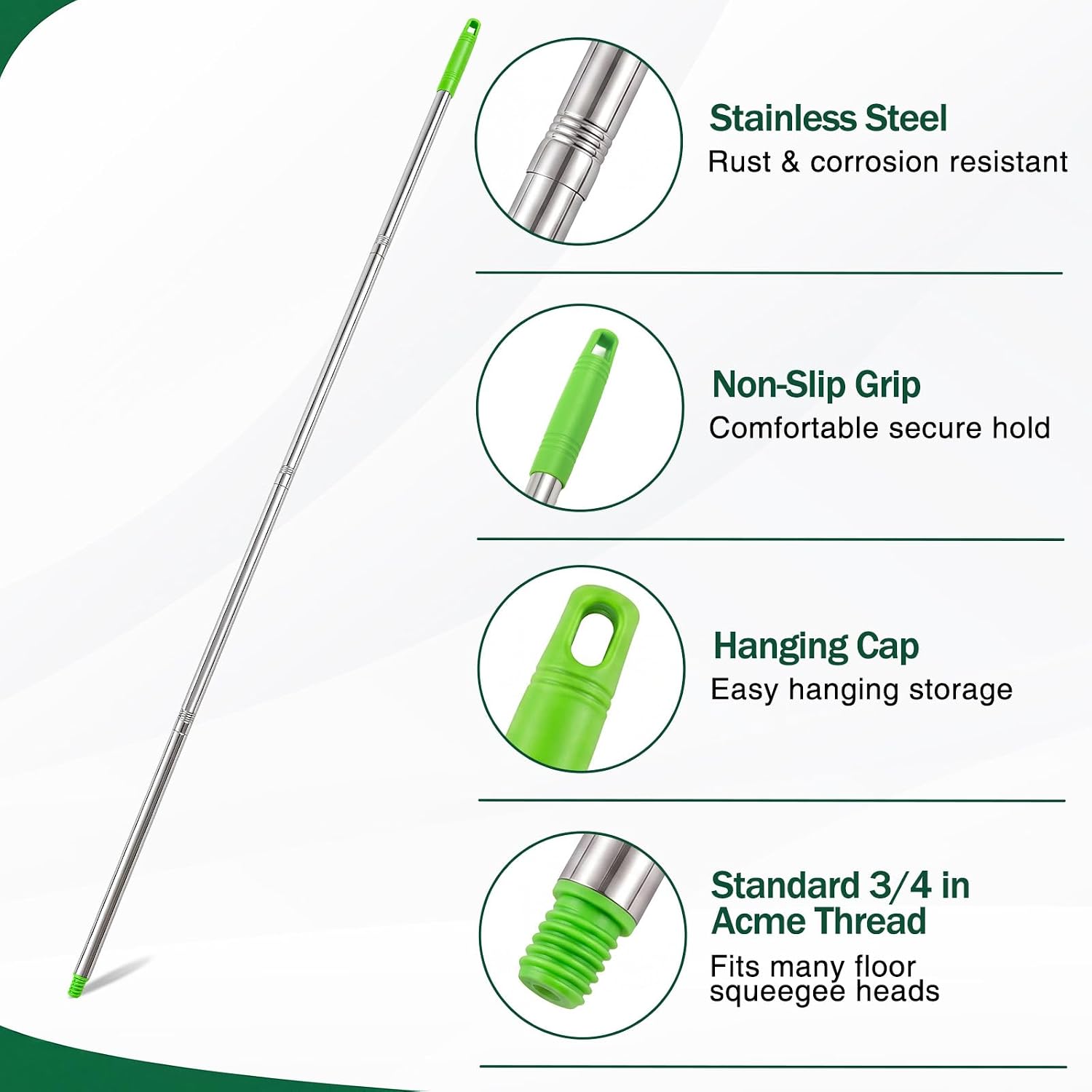 4 Pack 57.5-Inch Stainless Steel Floor Squeegee Replacement Handles, 3/4-Inch Acme Thread Poles with Non-Slip Grip and Hanging Cap for Commercial Cleaning, Green