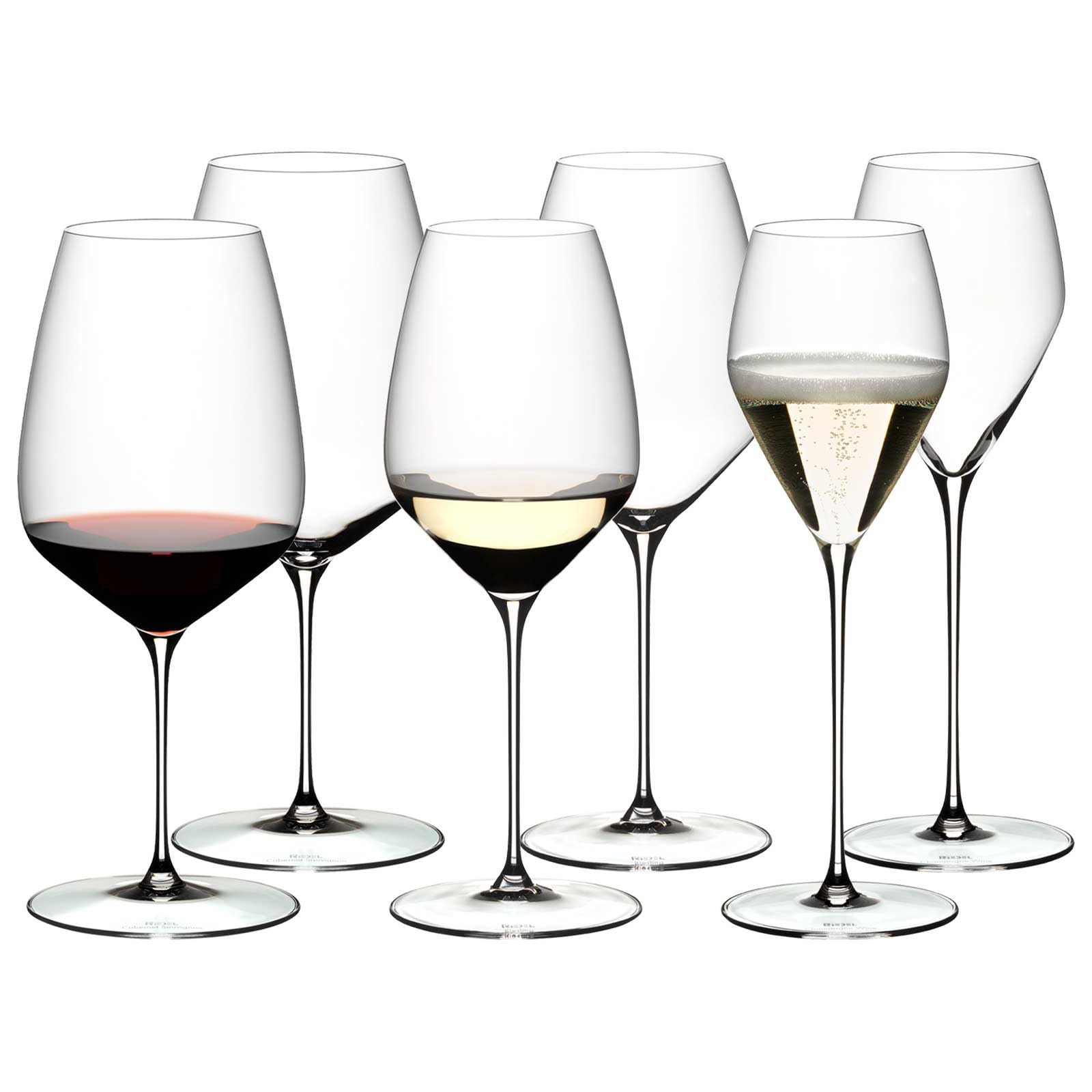 RIEDEL Veloce Wein- und Champagnergläser Set 6-teilig | Cabernet/Merlot Gläser (829 ml), Riesling Weingläser (570 ml) und Champagnergläser (327 ml) | Kristallglas