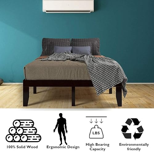Miniatura 67 de Giantex Base de cama de plataforma de madera matrimonial de 14 pulgadas, base de colchón de estilo minimalista con madera de goma maciza, soporte de