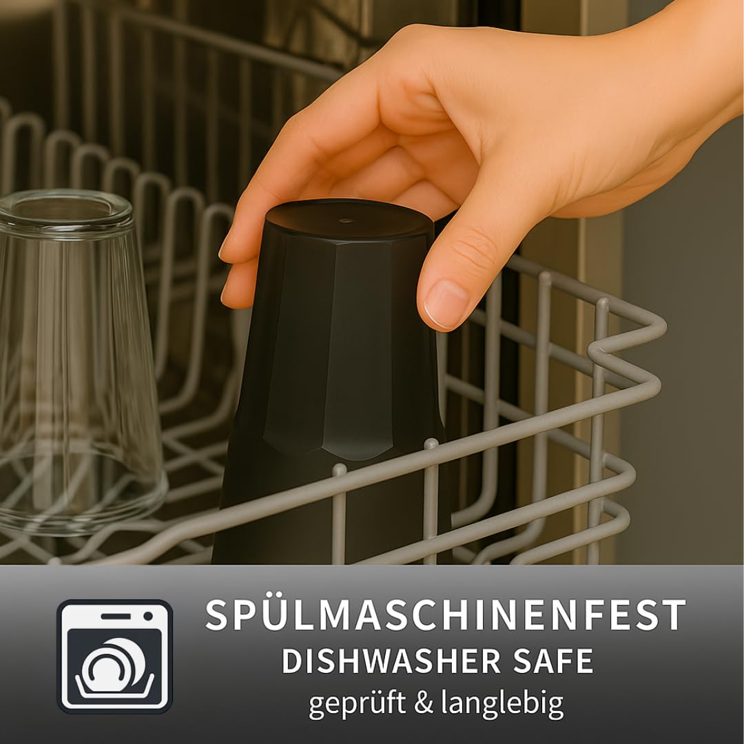 6 x GLASSY CUP 480 ml nero trasparente – bicchieri in plastica infrangibile effetto vetro, senza BPA, lavabili in lavastoviglie, riutilizzabili, ideali per cocktail, caipi, feste, campeggio e attività