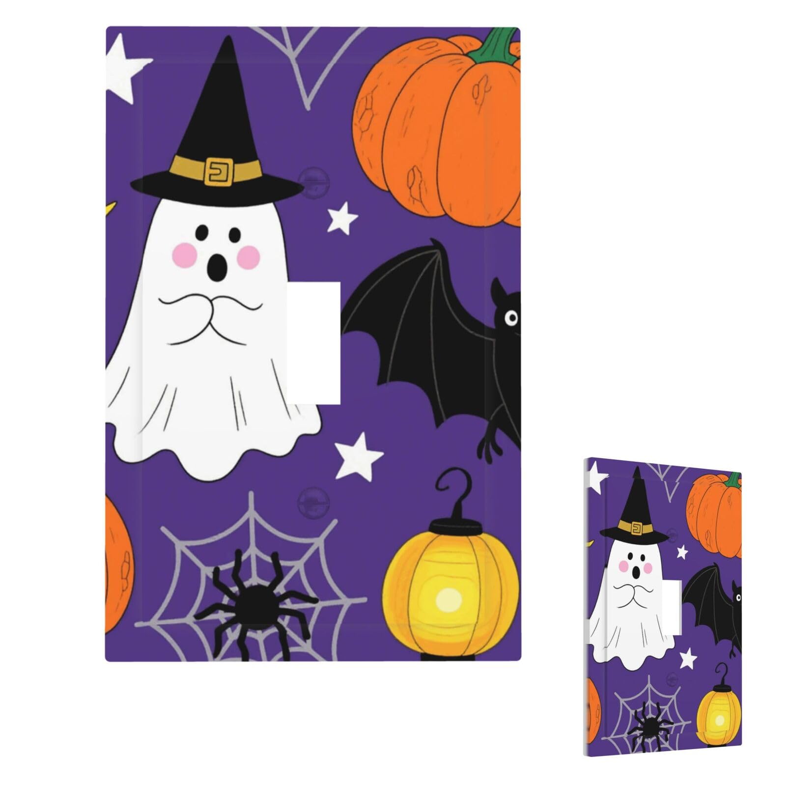 Fekiloot Single Toggle Ghost Pumpkin Moon Bat Spider Web Wall Plate Cover Modern Decorative 1 Gang Light Switch Cover Unbreakable Receptacle Outlet Covers For Living Room Bedroom Home Decor
