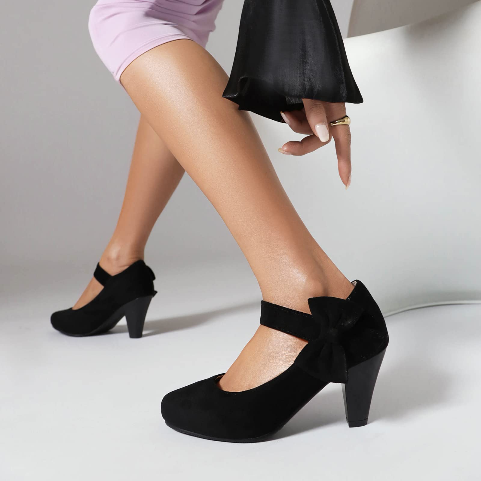 elerhythm Damen Mary Jane Vintage Heels mit Schleife Gatsby 1950er Pumps Closed Toe 1920er Jahre viktorianische Knöchelriemen Faux Wildleder Schuhe