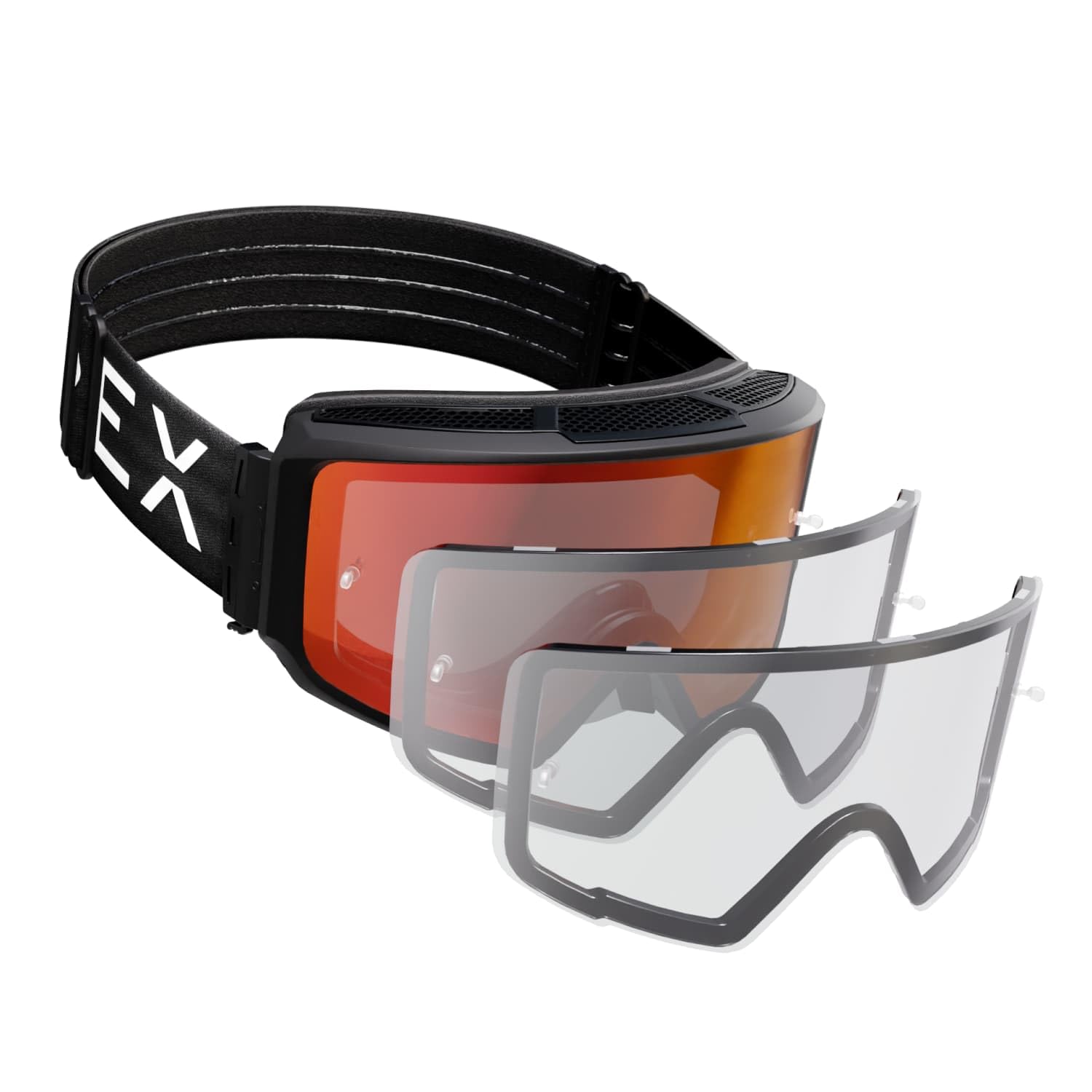 Apex Series™ Mountainbike-Brille, Schnellverschluss-Magnetlinsen-System, beschlagfrei und schlagfest, mit EVA-Gehäuse und 3 Gläsern (klar, Revo-Rot, Rauch) – entworfen von MTB-Fahrern
