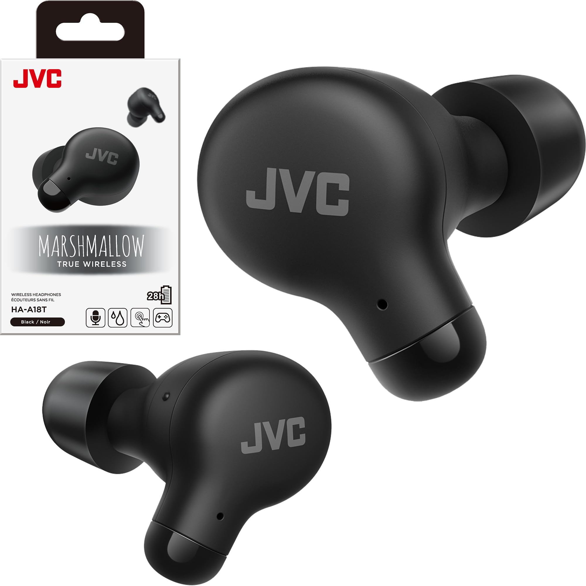 JVC Marshmallow True Wireless Bluetooth 5.3 Earbuds – 28H Battery, Memory Foam Earpieces for All-Day Comfort, IPX4 Water Resistant, Mic, Compact Case, for iPhone & Android