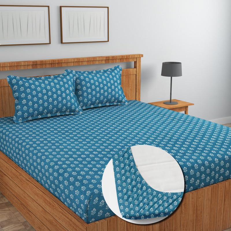 Image of NEW LEAF Glace Cotton Fitted King Size Double Bedsheets with 2 Pillow Covers | Elastic Fitted | Wrinklefree | Ultrasoft |Winter Bedsheet 220 tc tc Floral | 78 x 72+10 Inches, Teal Blue