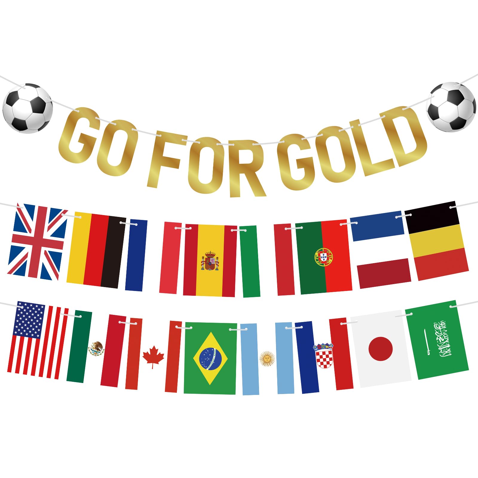 jijAcraft Pre-Strung GO FOR GOLD Banner with Football: 3m Champagne-Gold GO FOR GOLD Bunting, 2Pcs Paper International Flags Bunting for Football Party, Pub, Garden, Match Day, Fan Zone Decorations