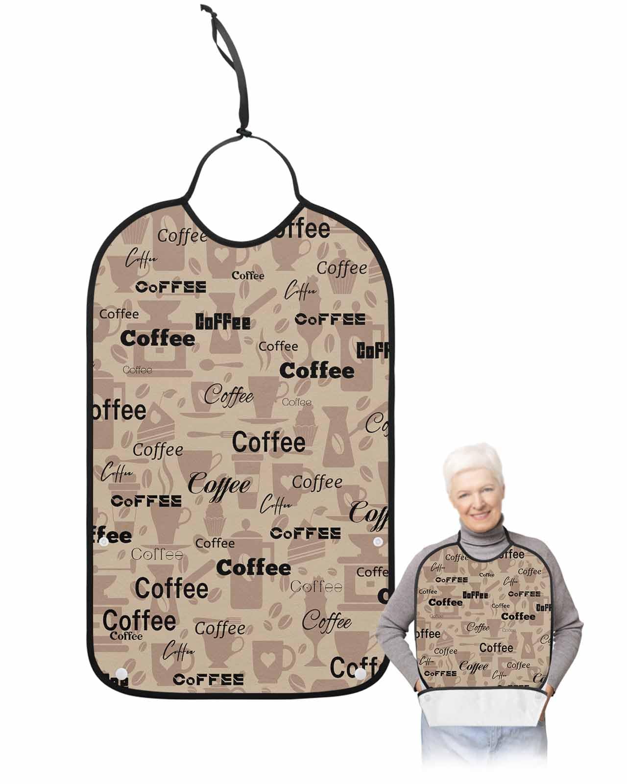 LEOKOTI Brown Coffee Adult Bibs for Eating, Waterproof Bibs with Food Catcher & Adjustable Snap Closure, Coffee Theme Rustic Farmhouse Washable Clothing Protectors Adult Bibs for Elderly Women/Men