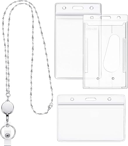 Zonon Cordón retráctil para carrete de insignia con soporte de identificación para mujer, collar de acero inoxidable con 3 piezas de clip para