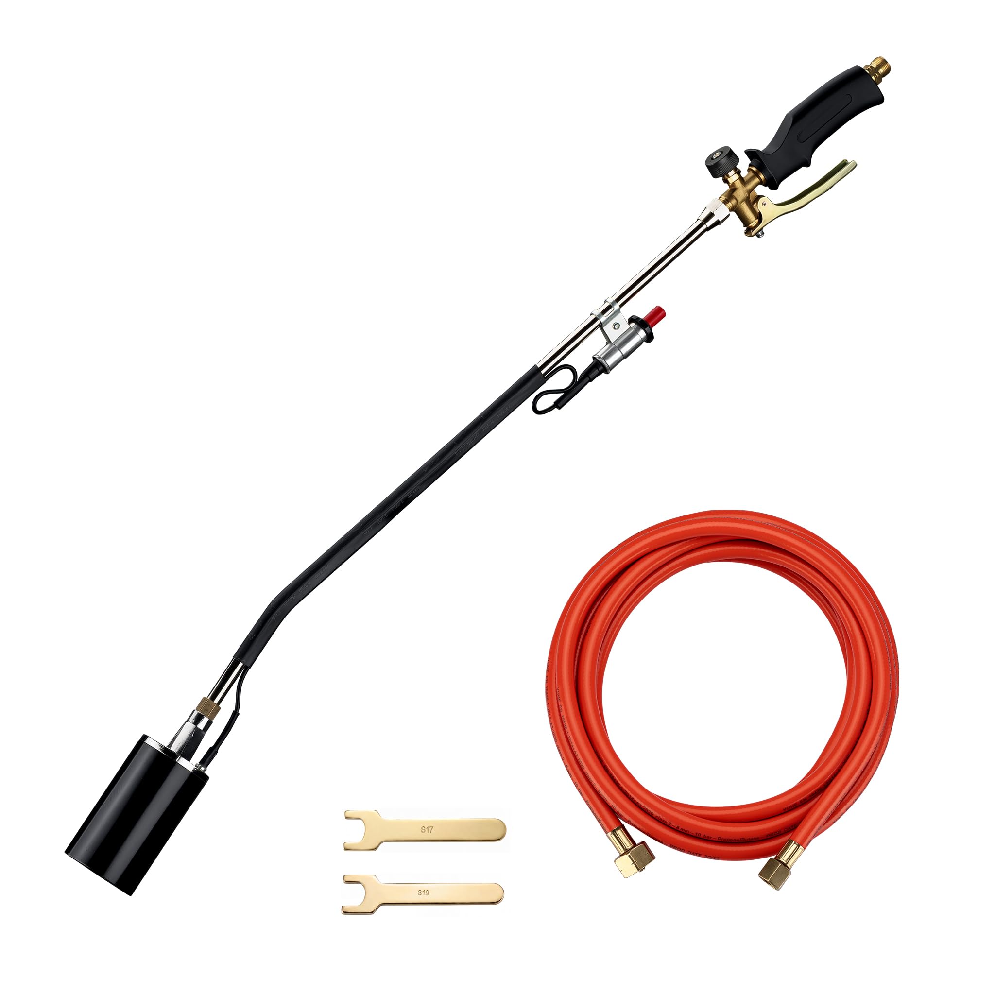 Wiltec Bruciatore erbacce con accensione piezoelettrica fino a 1850 °C, diserbante a gas da 120 kW, strumento per bruciare le erbacce, bruciatore per tetti con tubo flessibile da 5 m