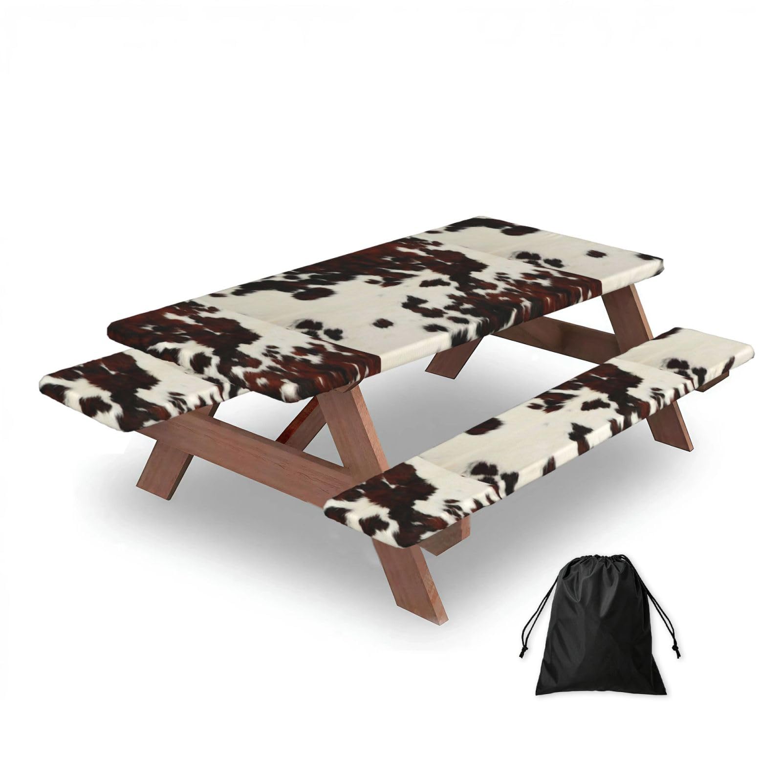 Cow Spots, Picnic Table Cover With Bench Covers -Waterproof Elastic Fitted Tablecloth for Garden Camping Patio 76x152cm