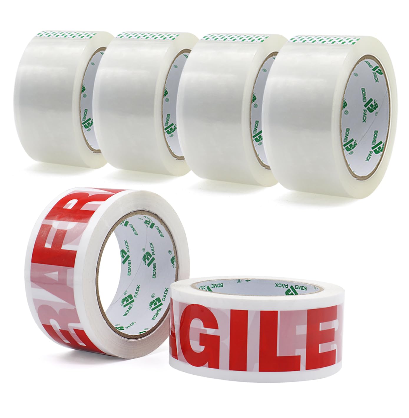 BOMEI PACK Cinta adhesiva de embalaje para paquetes de envío Rollo adhesivo dispensador 6 rollos de 48mm x 66m (4 transparentes + 2 artículos frágiles) + 1 dispensador