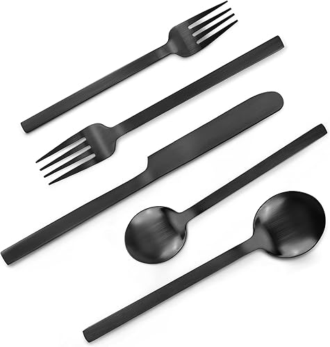 Juego de cubiertos de acero inoxidable de 30 piezas para 6 piezas, color negro mate, utensilios de cocina con acabado manchado, grado alimenticio,