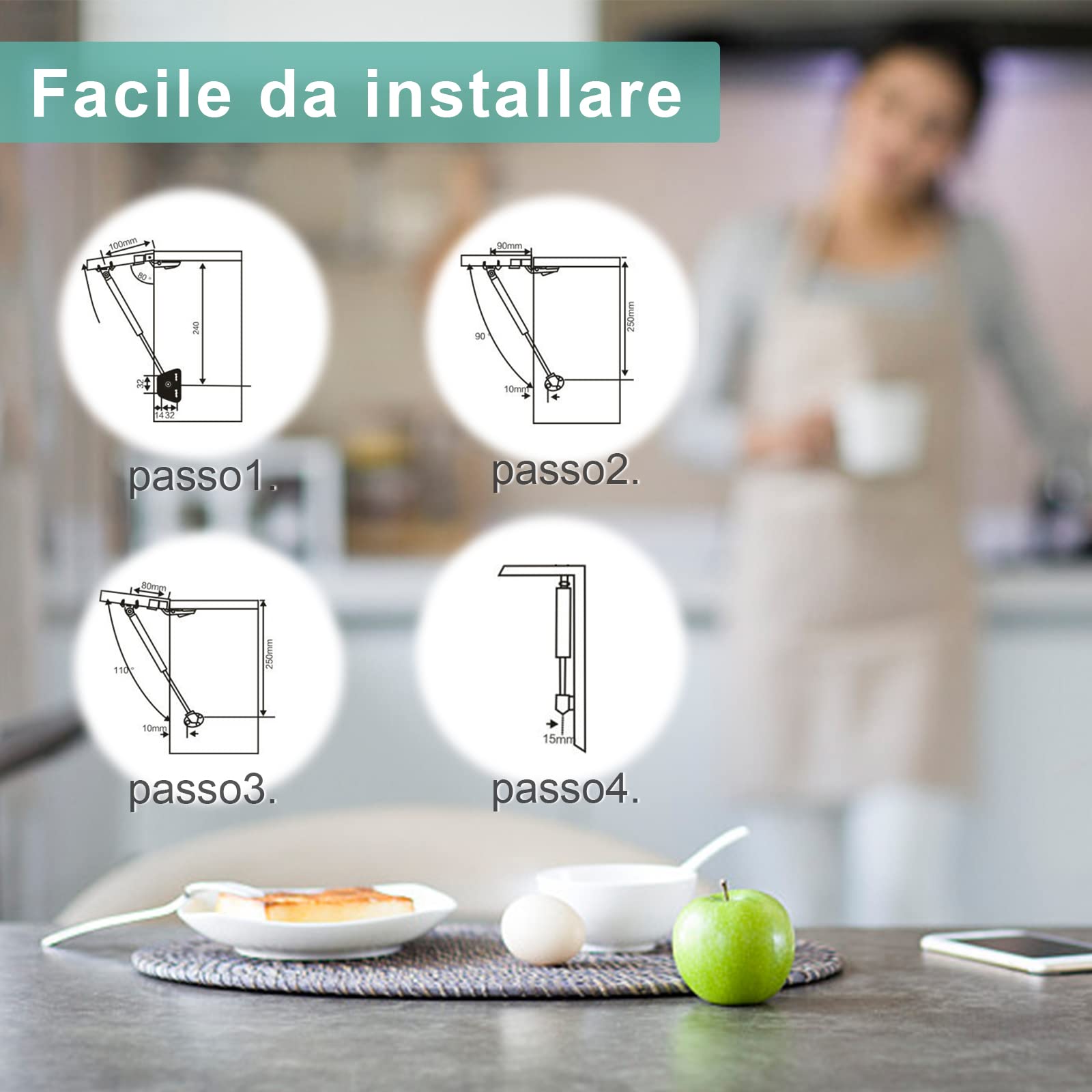 2 Pezzi Molle a Gas 100N Pistoni per Ante Cucina, Pistoncini per Mobili, Ammortizzatori per Ante, Adatto per Stoccaggio Scatole, Porte in legno, Cerniere Armadio e Braccetti Regolabili, Argento - 5