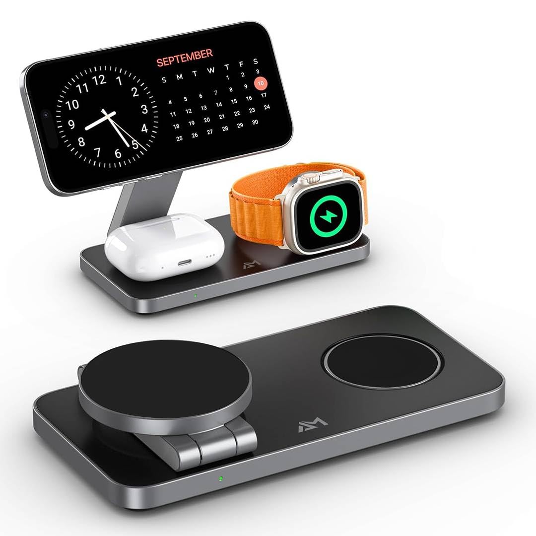 AMROAH Foldable 3 in 1 Wireless Charging Station for Apple Compatible with Magsafe Charger Stand, Magnetic Wireless Charger Station for iPhone 16 15 14 13 12 Series, Airpods Pro, Apple Watch (Black)
