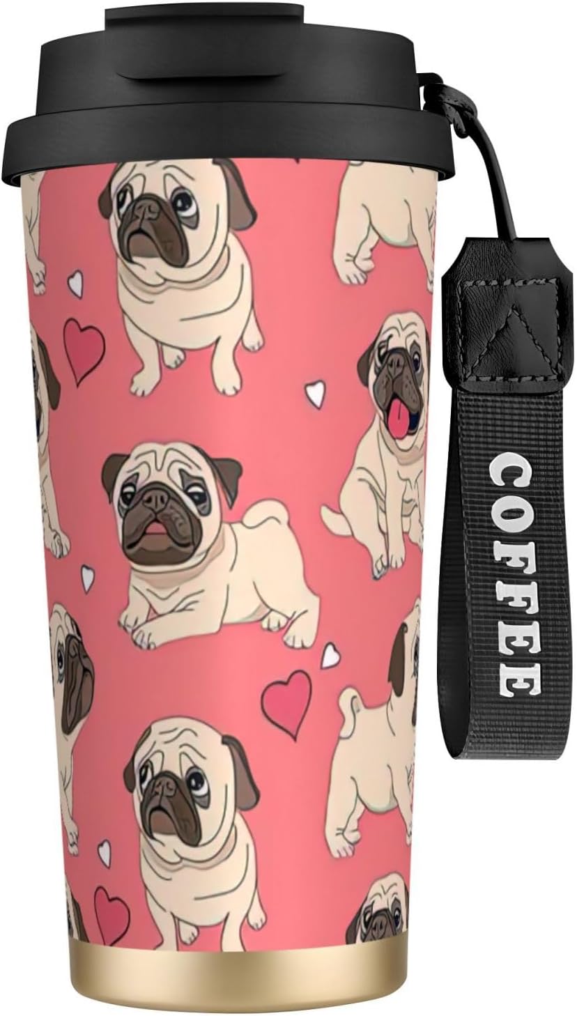 Funny Cartoon Pug Puppy Dog Print Leakproof Insulated Coffee Mug,Stainless Steel Dual Drink Travel Tumbler,17 OZ