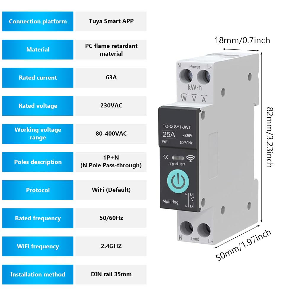 Interruptor WiFi, 1P+N 25A 230V, interruptor de control remoto inalámbrico para hogar inteligente, temporizador, control de voz monitor de energía compatible con la aplicación Smart Life TUYA riel DIN